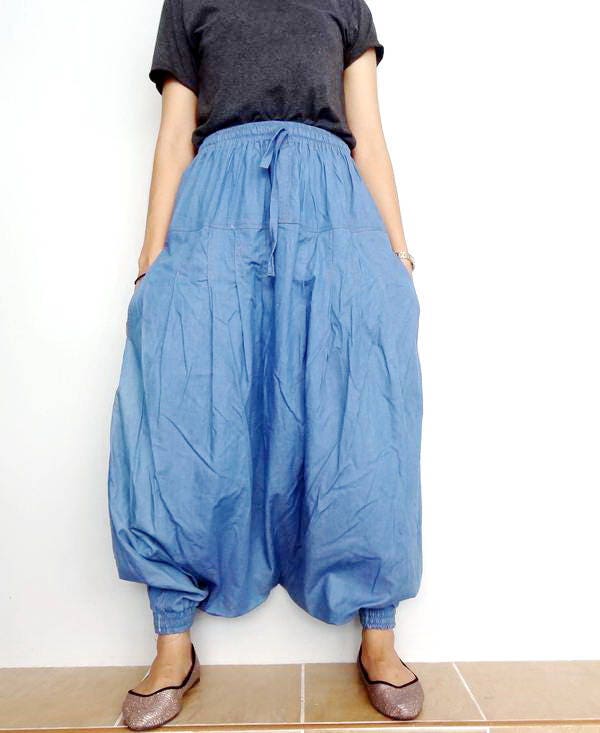 Drop Crotch Harem Pants in Stylish Medium Blue Lightweight Japanese ...