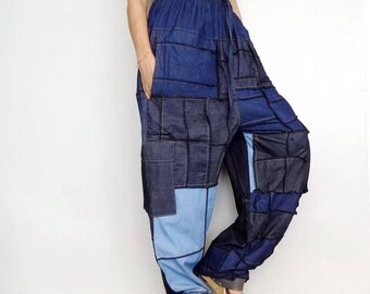 Harem pants OOAK Patchwork Cargo Pockets Denim Cotton lightweight