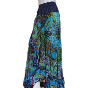 Floral Ruffle Long Skirt OOAK Blue Tone Unique Cotton and Denim Lightweight