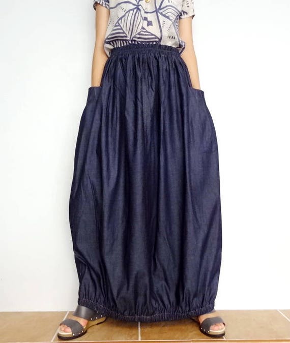 Maxi Long Skirt Pleated Denim Cotton Dark Blue Lightweight Etsy UK