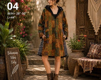 Patchwork Hooded Coat, Bohemian Ethnic Print Zip Up Jacket, Festival Outerwear