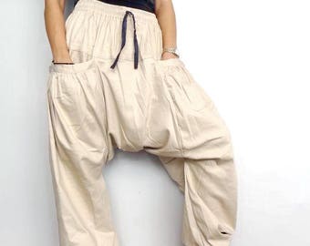 Drop Crotch Harem Pants Unisex Beige Medium Weight Denim Cotton Drawstring