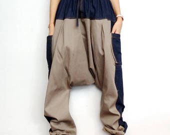 Harem Pants Drop Crotch Cargo Streetwear Twotone Japanese Medium Weight Denim Cotton