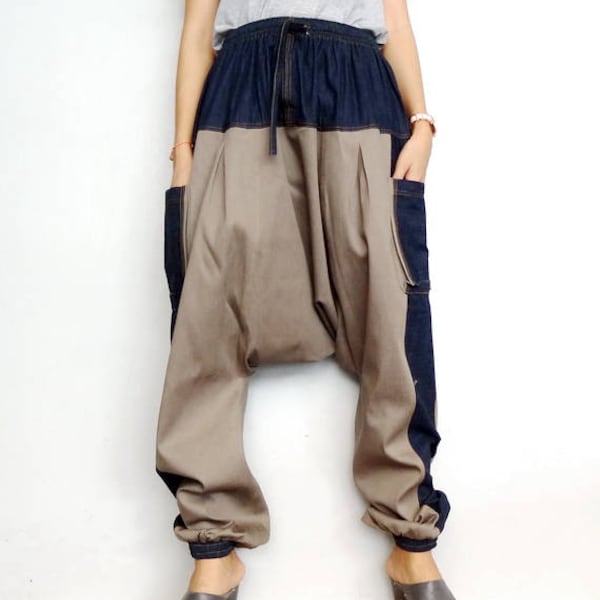 Harem Pants Drop Crotch Cargo Streetwear Twotone Japonais Poids Moyen Denim Coton