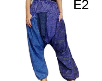 Handmade Blue Patchwork Harem Pants, Comfy Unisex Drop Crotch Style