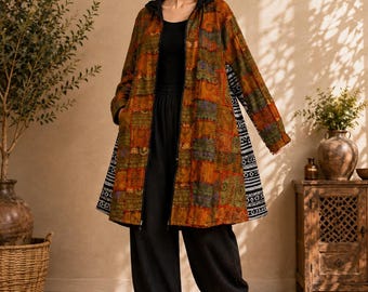 Boho Patchwork Hooded Jacket, Women’s Ethnic Paisley Festival Coat