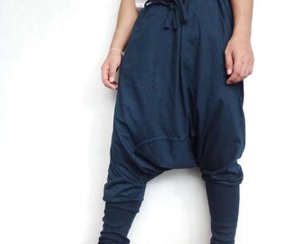 Drop Crotch Harem Pants Drawstring Tie Waist Petrol Blue Cotton Blend