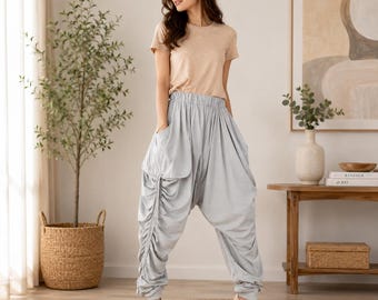 Low Crotch Unisex Harem pants unique Light Gray cotton blend