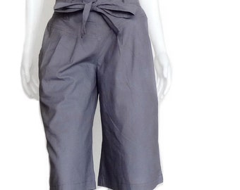 Women Capri Pants Grey Cotton Free Belt Tie