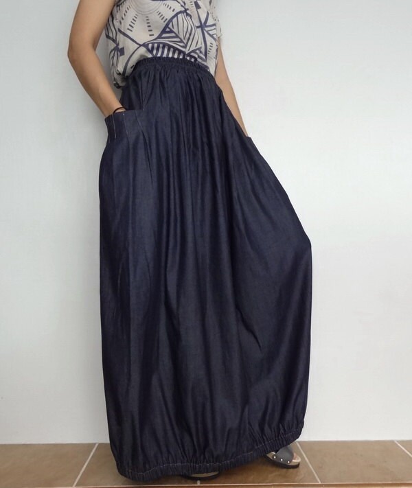 Maxi Long Skirt Pleated Denim Cotton Lightweight Dark Blue - Etsy