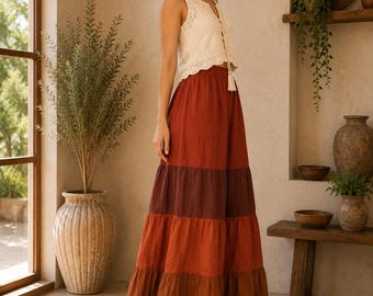 Tiered Ruffle Cotton Pants, Rust Orange Boho Wide Leg, Elastic Waist Palazzo