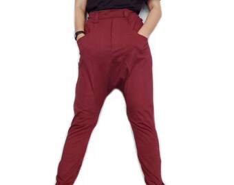 Street wear Drop Crotch Pants In Maroon Cotton Blend