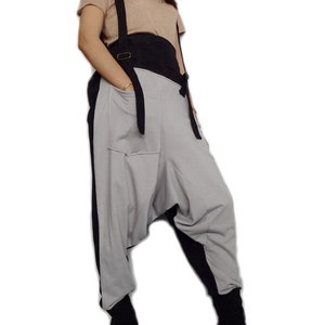 Drop Crotch Harem Pants Suspender Jumpsuit Light Grey/Black Cotton Blend