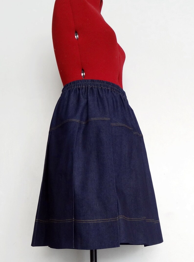 Womens Denim Unique Pleated Skirt Dark Blue Cotton Denim Medium Weight