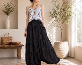 Boho Tiered Harem Pants, Japanese Cotton Blend Trousers, Loose Fit Palazzo Festival Wear