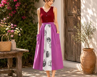 Women Mini Skirt Knee Length Bohemian Fuchsia pink Cotton Blend