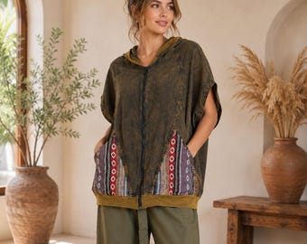 Boho Hippie Style Hoodie Tops Hmong Woven Fabric And Cotton With Zipper