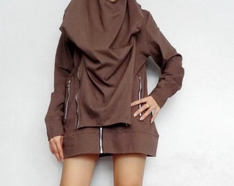 Long Sleeve Jacket Moveable Hoodie Punk Sweater Brown Cotton Blend