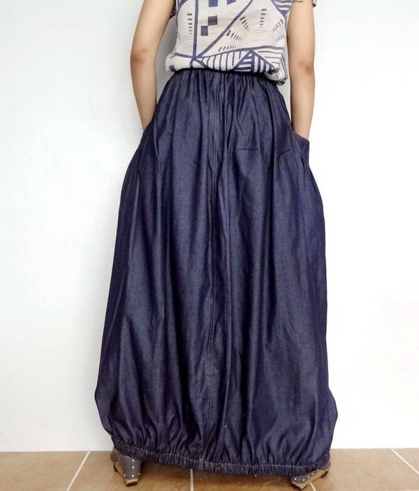 Maxi Long Skirt Pleated Denim Cotton Lightweight Dark Blue - Etsy
