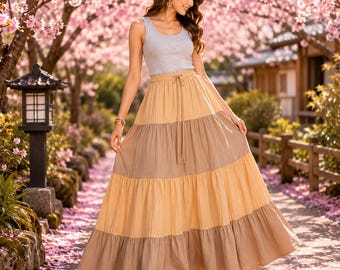 Boho Tiered Maxi Skirt: Beige, Brown, Flowy Bohemian Clothing