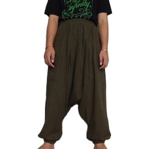 Drop Crotch Harem Dhoti Pants Unisex Streetwear Design In Green Cotton Fabric