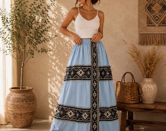 Boho Tribal Print Maxi Skirt, Japanese Denim Cotton, Festival Bohemian Style