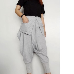 Harem Drop Crotch Pants Asymmetric Trendy in Light Grey Cotton Blend