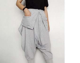 Harem Drop Crotch Pants Asymmetric Trendy in Light Grey Cotton Blend