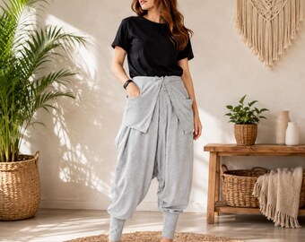 Harem Drop Crotch Pants Asymmetric Trendy in Cotton Blend