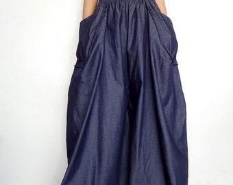 Women Convertible Long Skirt Or Pants Casual Wide Legs Denim Lightweight