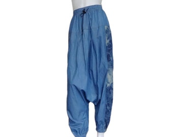 Harem Pants Drop Crotch Medium Blue Twotone Denim Cotton Lightweight