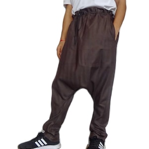 Drop Crotch Harem Pants Brown Denim Cotton Jeans