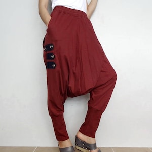 Drop Crotch Steampunk Harem Pants Red Maroon Cotton Blend