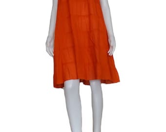 Women Tunic Ruffle Dress Sleeveless Orange Cotton