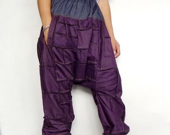 Patchwork Hip Hop Pants Unisex Funky Purple Harem Drop Crotch Baggy In Japanese Cotton