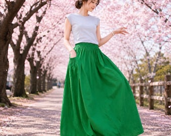 Smaragdgroene maxi-rok met zakken, boho cottagecore-stijl outfit