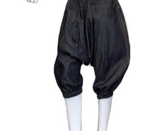 Capri Drop Crotch Pants Black Denim Cotton