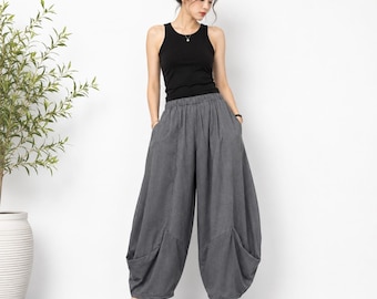Cotton Palazzo Pants, Wide Leg Trousers, Elastic Waist Lounge Pants, Boho Minimalist Clothing