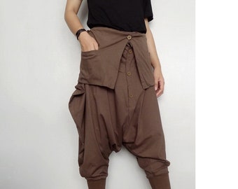 Harem Drop Crotch Pants Asymmetric Trendy Brown Cotton Blend