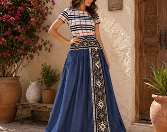 Maxi Long Skirt OOAK Unique Blue Denim Lightweight and Tribal Woven
