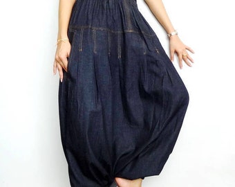 Drop Crotch Harem pants Dark Blue Denim Cotton Lightweight (pants-PJ1).