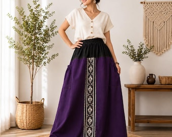 Maxi Long Skirt OOAK Unique Cotton Denim Purple Medium weight and Tribal Woven