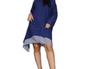 Women Asymmetrical Tunic Dress Long Sleeve Blue Cotton