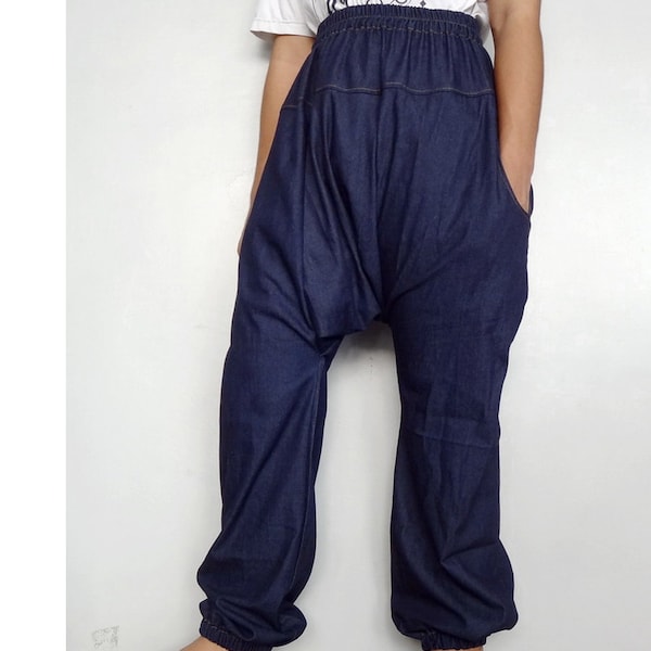 Drop Crotch Harem Streetwear Hip Hop Pants En Denim Japonais Léger Bleu Foncé Coton Importé