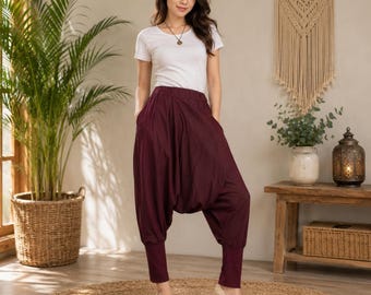 Steampunk Harem Drop Crotch Pants Burgundy Cotton Blend