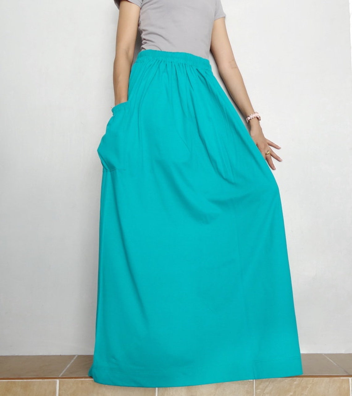 Women Maxi Long Skirt Turquoise Cotton Blend Skirt M25. Etsy