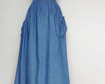 Maxi Long Skirt Unique Cotton Denim Blue Lightweight (Skirt-1I).