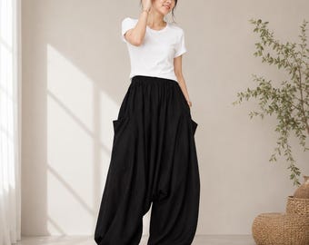 Black Harem Pants, Women's Boho Drop Crotch Trousers, Cotton Blend Yoga Pants