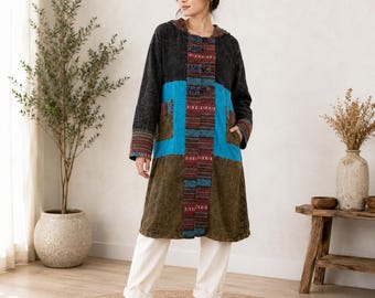 Patchwork Hooded Coat, Ethnic Tribal Festival Jacket, Bohemian Lagenlook Cardigan
