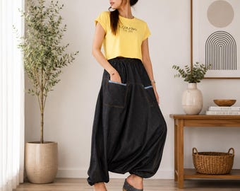 Black Denim Harem Pants, Boho Drop Crotch Loose Trousers, Elastic Waist Pockets